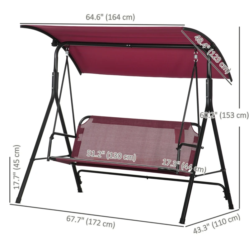Outsunny 3-Seater Outdoor Porch Swing with Adjustable Canopy, Patio Swing Chair for Garden, Poolside, Backyard, Wine Red