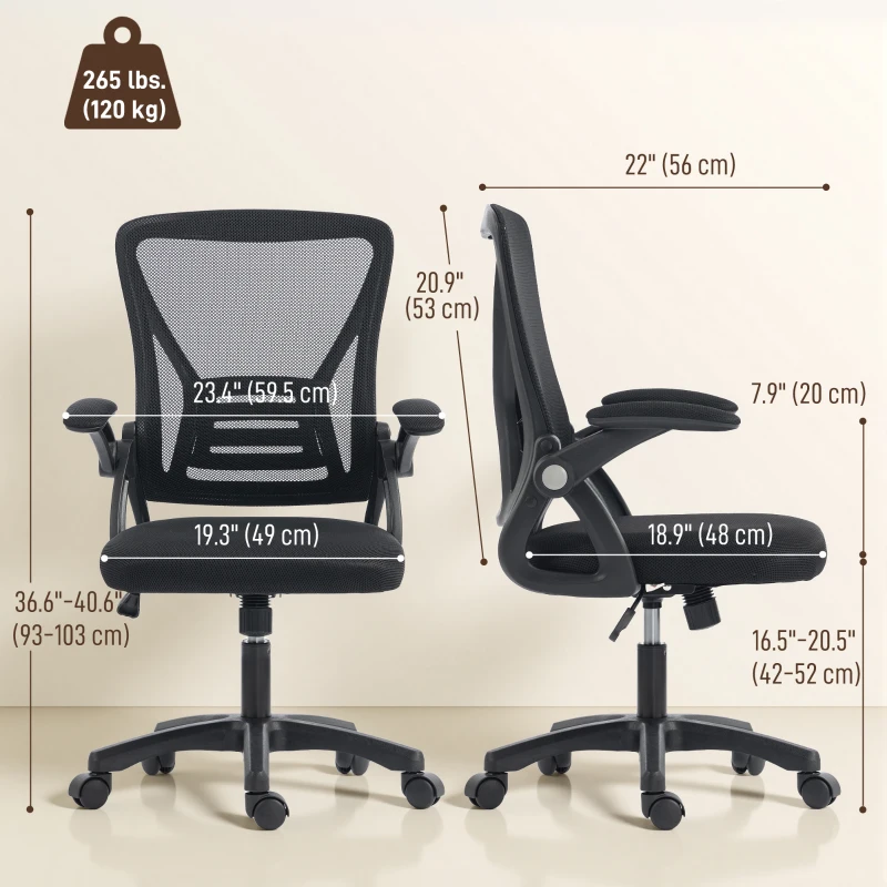 HOMCOM Office Chair, Mesh Desk Chair with Flip-up Armrests, Lumbar Support, Adjustable Height, Black
