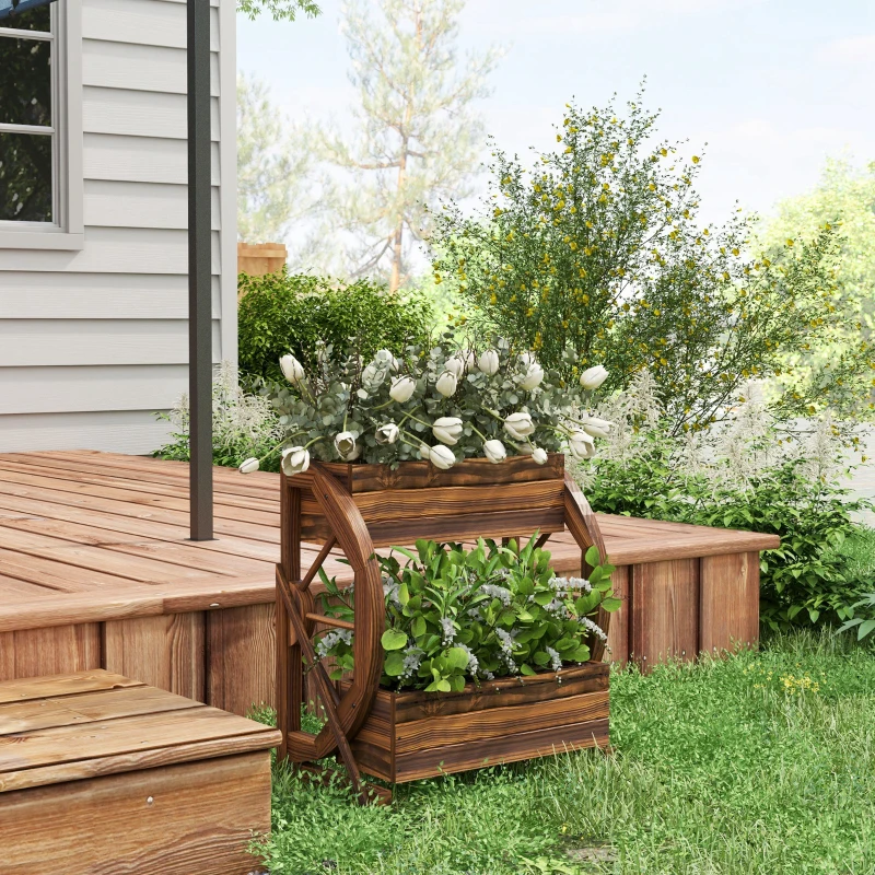Outsunny Wooden Wagon Planter Box, 2-Tier Raised Garden Bed, for Vegetables Flowers Herbs