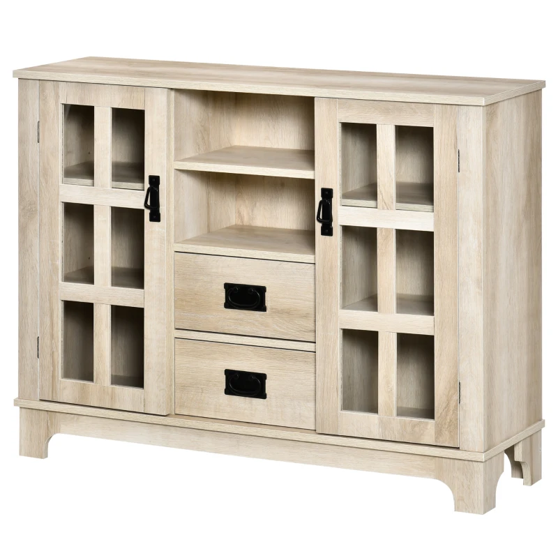 HOMCOM Sideboard Buffet Cabinet with Glass Door, Coffee Bar Cabinet with Storage Drawers & Adjustable Shelves for Kitchen, Living Room, White Oak