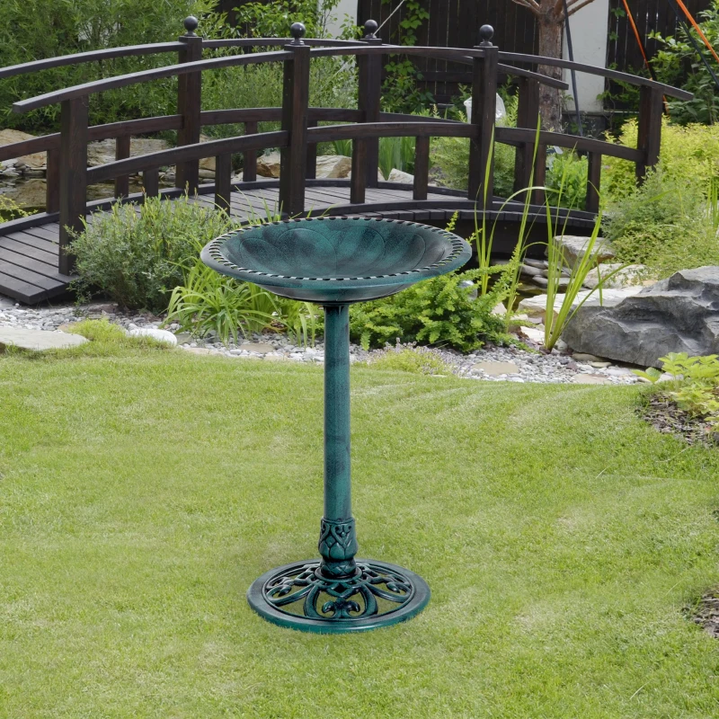 Outsunny 27'' Bird Bath Outdoor Resin Decor with Fleur De Lis Pattern, Time-Worn Finish