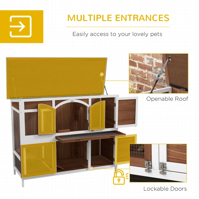 PawHut Two-Tier Wooden Rabbit Hutch with Openable Roof, Slide-Out Tray