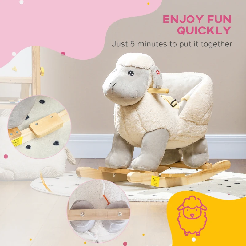 Qaba Baby Rocking Horse Lamb with Seat Belt, Sounds & Pedals for Kids 18-36 Months, Gray