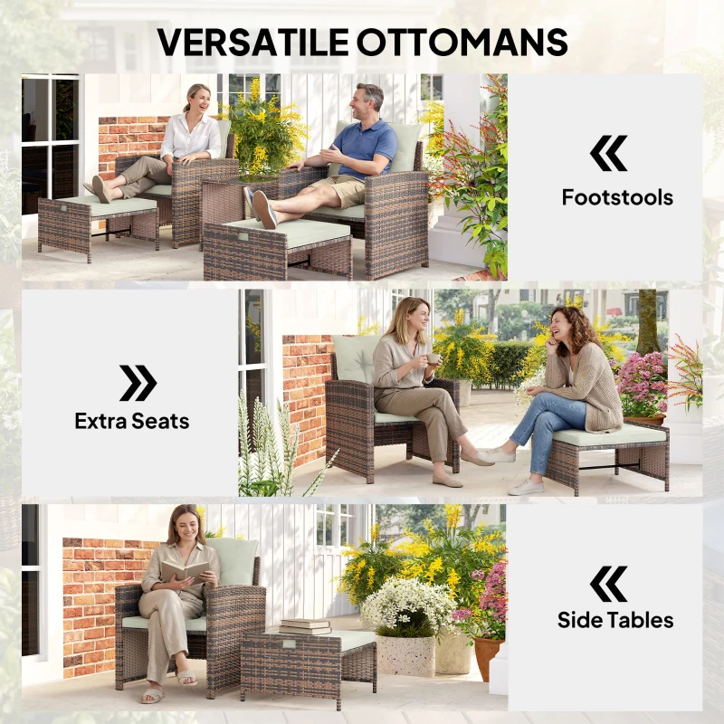 Outsunny 5 Piece Patio Furniture Set, Wicker Patio Chairs with Ottomans, 2-Tier Glass Coffee Table and Cushions, Brown/Cream