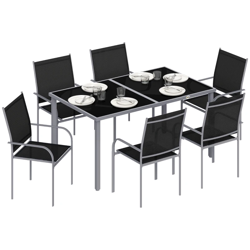 Outsunny 7 Piece Outdoor Patio Dining Set with Table and 6 Stackable Chairs, Steel Frame, Tempered Glass Top, Mesh Seats, Black