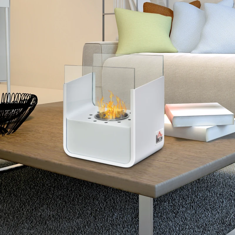 HOMCOM Ethanol Fireplace, 7.75" Tabletop 0.10 Gal, Stainless Steel, Burns up to 2 Hours, White
