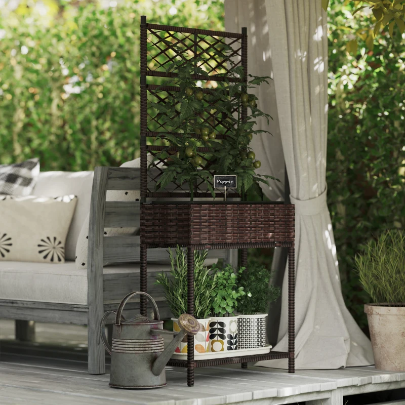 Outsunny Outdoor Wicker Planter with Trellis for Climbing Plants, Freestanding Rattan Garden Box with Storage Shelf, Brown