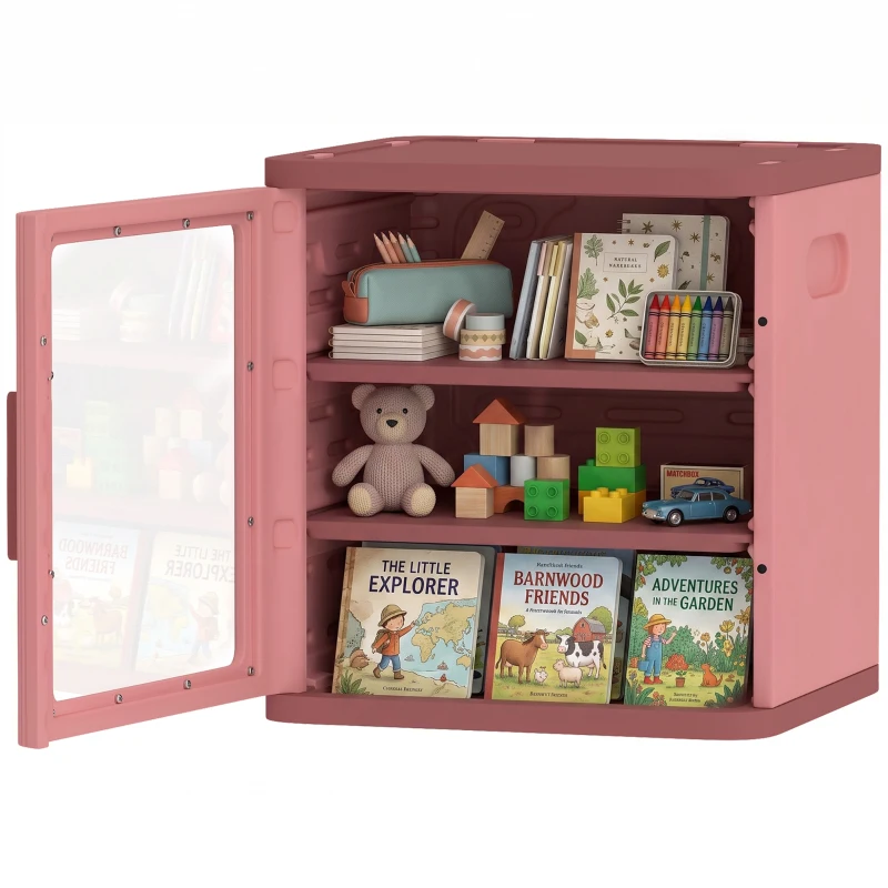 Qaba Toy Storage Organizer, 3 Tier Adjustable Toy Storage Cabinet Dustproof HDPE Plastic, Transparent Door, Pink
