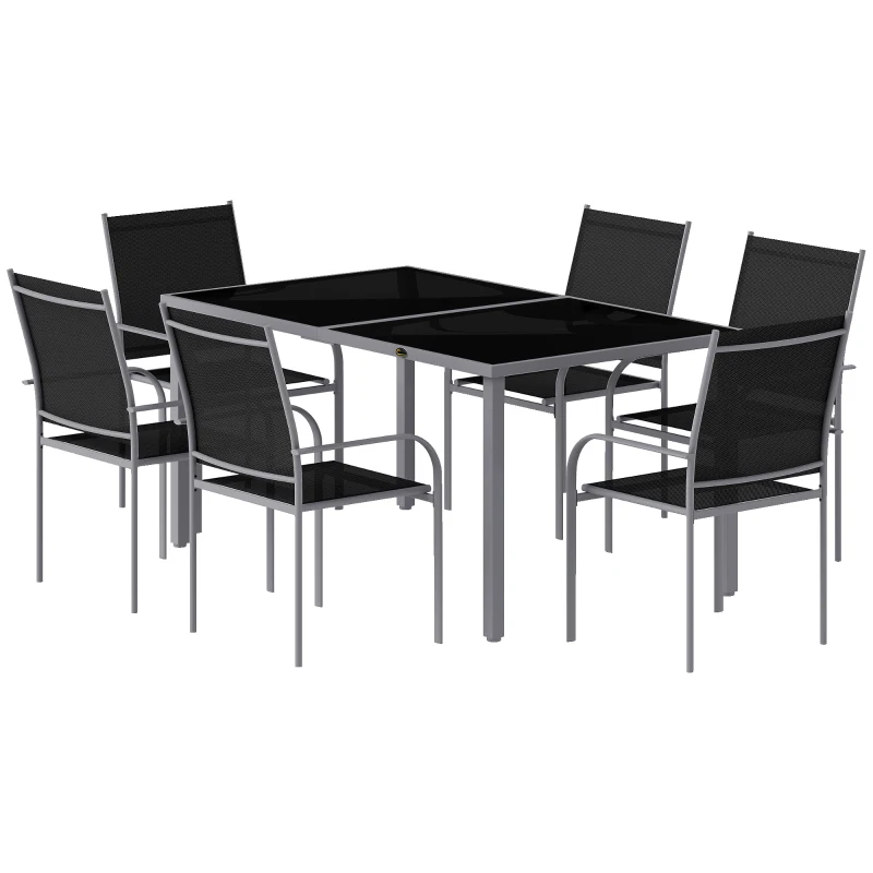 Outsunny 7 Piece Outdoor Patio Dining Set with Table and 6 Stackable Chairs, Steel Frame, Tempered Glass Top, Mesh Seats, Black