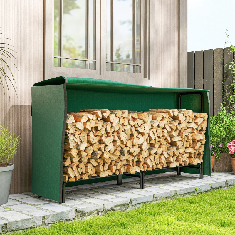 Outsunny Firewood Rack with Waterproof Cover, 200 kg Log Storage Holder with Steel Chains, 78.7" x 14" x 39", Dark Green