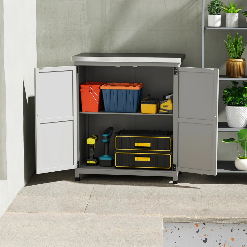 Outsunny Wooden Storage Cabinet, Outdoor Prep Table with Metal Tabletop, Shelves and Double Doors for Patio, Garden, Gray