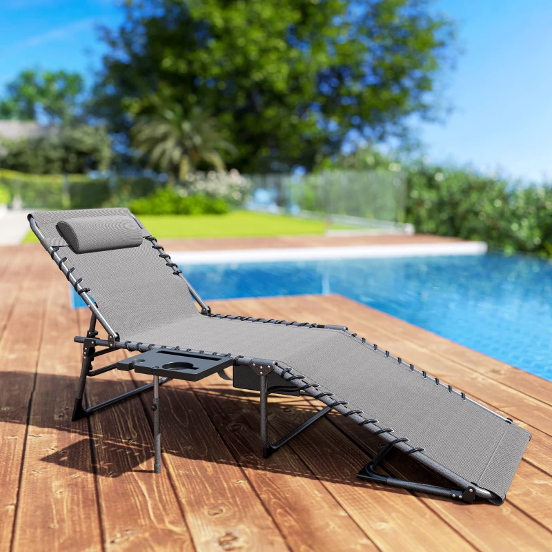 Outsunny Folding Outdoor Chaise Lounge Chair Tanning Chair with 5-Level Adjustable Back, Side Table, Pillow, Pocket, Gray