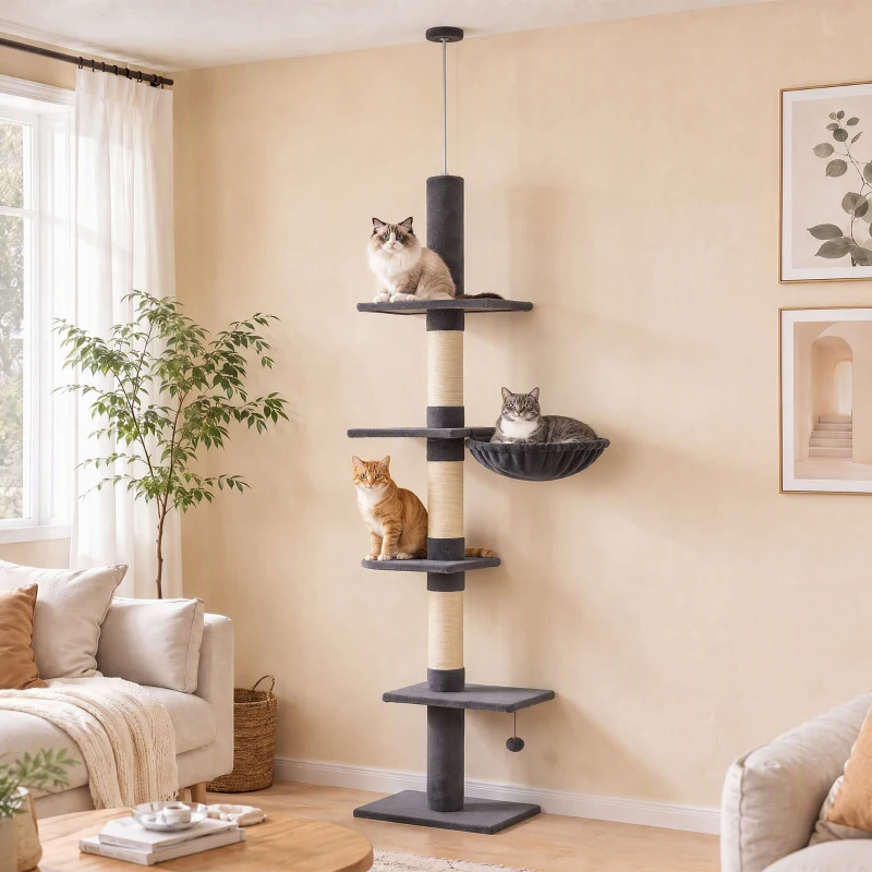 PawHut Floor-to-Ceiling Cat Tree 88.6"-100.4" Adjustable, 5-Level Cat Tower with Hammock, 3 Sisal Scratching Posts, Toy Ball