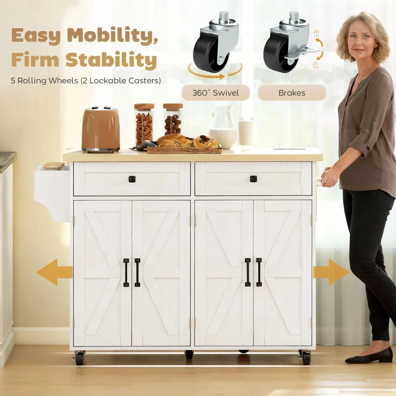 HOMCOM Kitchen Island with Storage, Rolling Kitchen Cart with Charging Station, Drop Leaf, Spice Rack, Towel Rack, Drawers