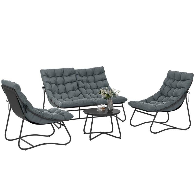Outsunny 4 Piece Patio Furniture Set, Outdoor Furniture Conversation Set with Loveseat, Chairs Round Metal Table, Cushions, Grey