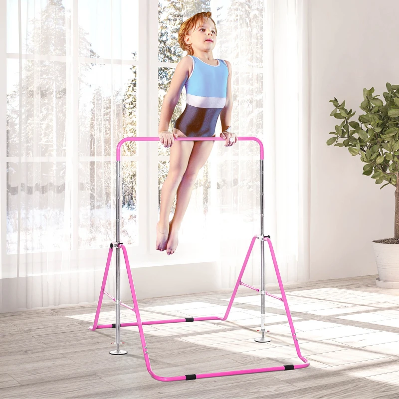 Qaba Folding Gymnastics Bar for Kids with Shock Absorption, Adjustable Gymnastics Horizontal Bar, Gymnastics Kip Bar for Home Use, Pink