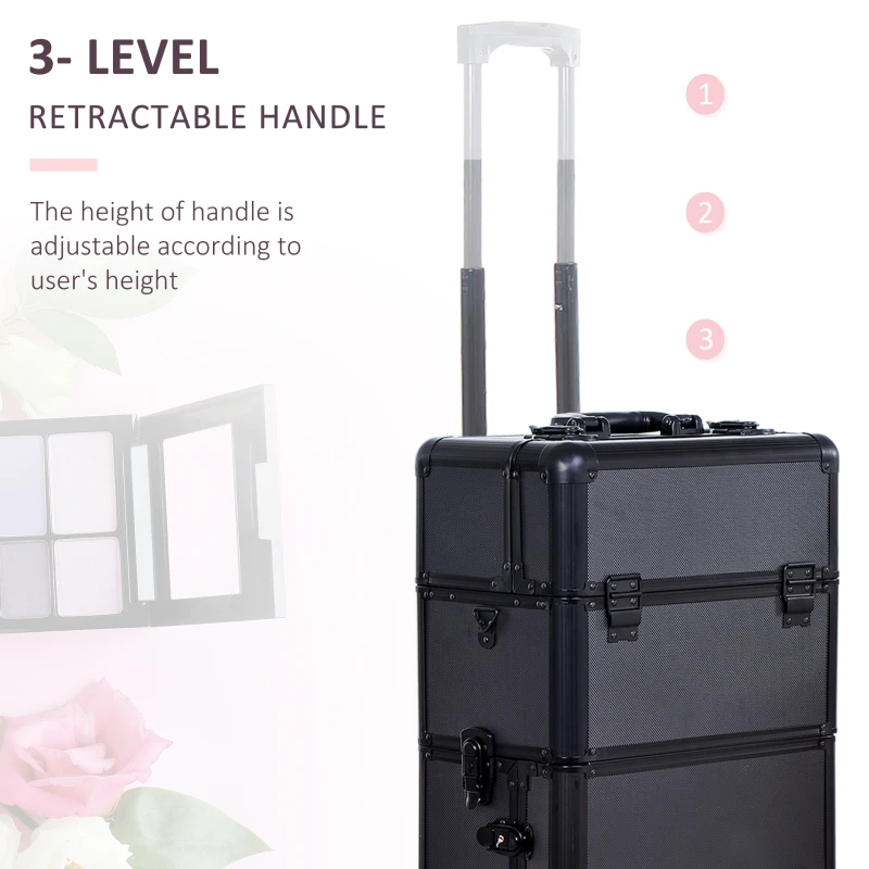 HOMCOM Pro 3 in 1 Portable Aluminum Makeup Train Cases Rolling Cosmetic Organizer Box, Black (Black)