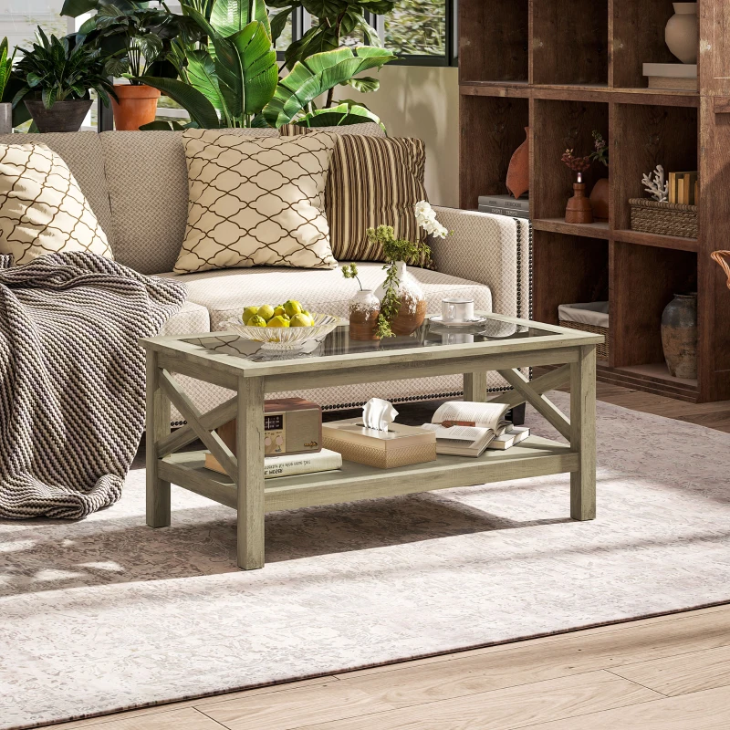 HOMCOM Coffee Table with Tempered Glass Tabletop, Living Room Table with Wood Frame and Underneath Storage Shelf, Gray