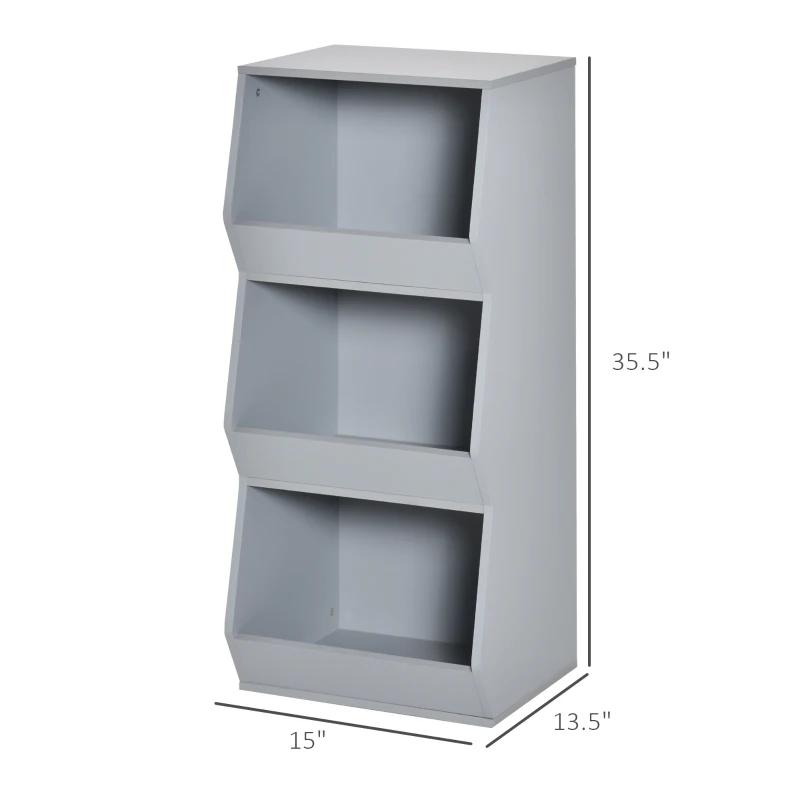 HOMCOM Kids Storage Cabinet with 3 Shelves, Anti-toppling Toy Storage Organizer for Play Room, Bedroom, Grey