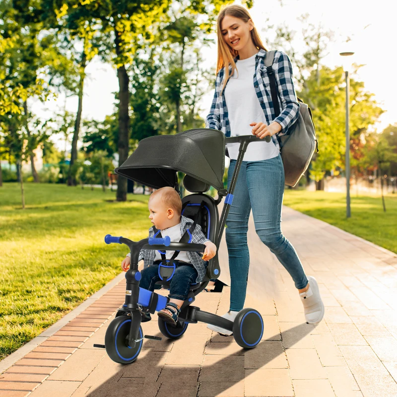Qaba 3-in-1 Toddler Trike, Push Tricycle, & Balance Bike with Adjustable Settings, Toddler Push Bike, Blue