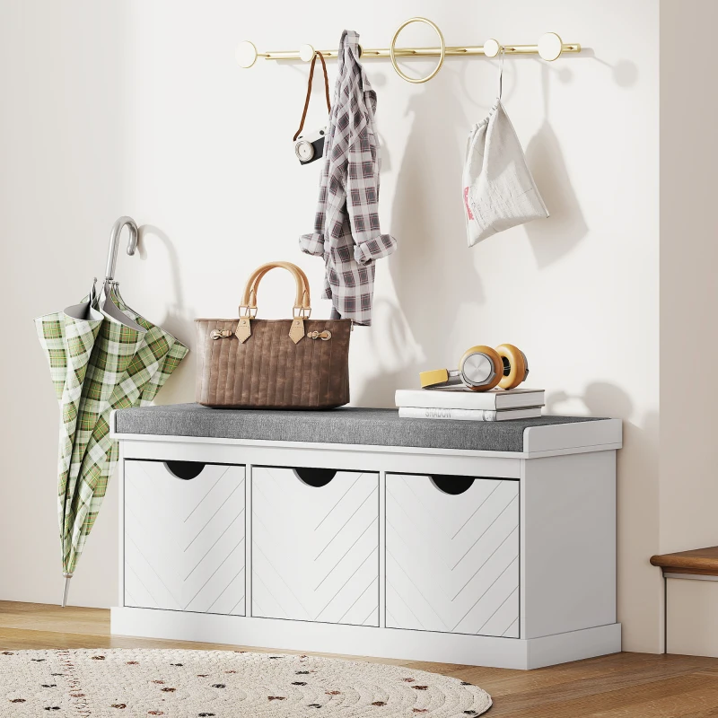 HOMCOM Shoe Storage Bench, Linen-Look Entryway Bench with 3 Removable Drawers and Padded Seat Cushion for Hallway, White