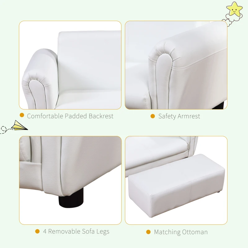 Qaba Kids Sofa Set with Footstool for Toddlers and Babies, White