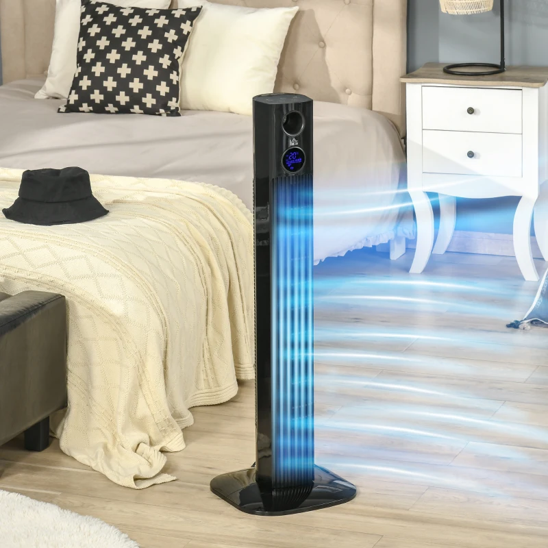 HOMCOM 38" Tower Fan for Bedroom Cooling, Standing Floor Fan with Aroma Diffuser, 70° Oscillating, 12 Hour Timer, LED Sensor Panel, and Remote Control, Black