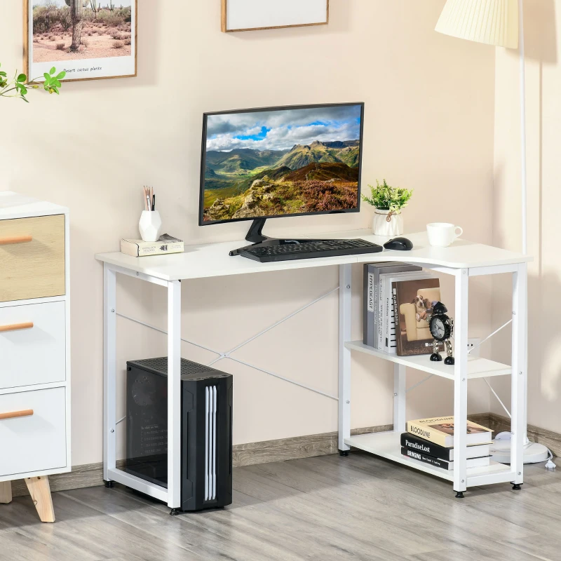 HOMCOM L-Shaped Computer Desk Home Office Corner Desk Study with Wide Desktop, 2 Side Shelves, Steel Frame, White