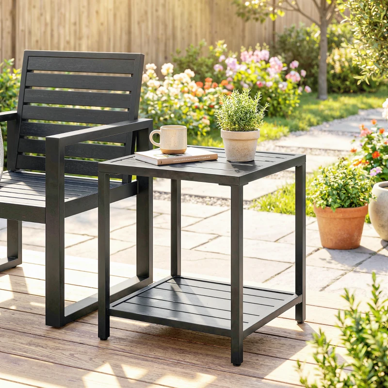 Outsunny Outdoor Coffee Table 2-Tier Patio Coffee Table with Storage Shelf, Adjustable Feet for Garden Balcony Poolside Black