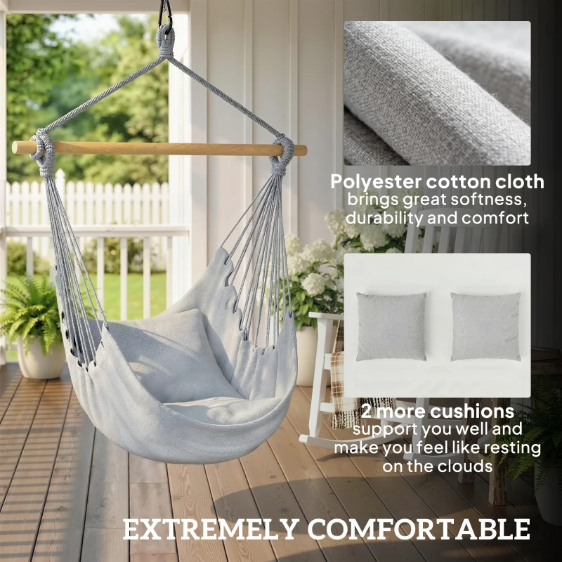 Outsunny Hammock Chair Swing Hanging Macrame Chair w/ Two Soft Seat Cushions, Grey