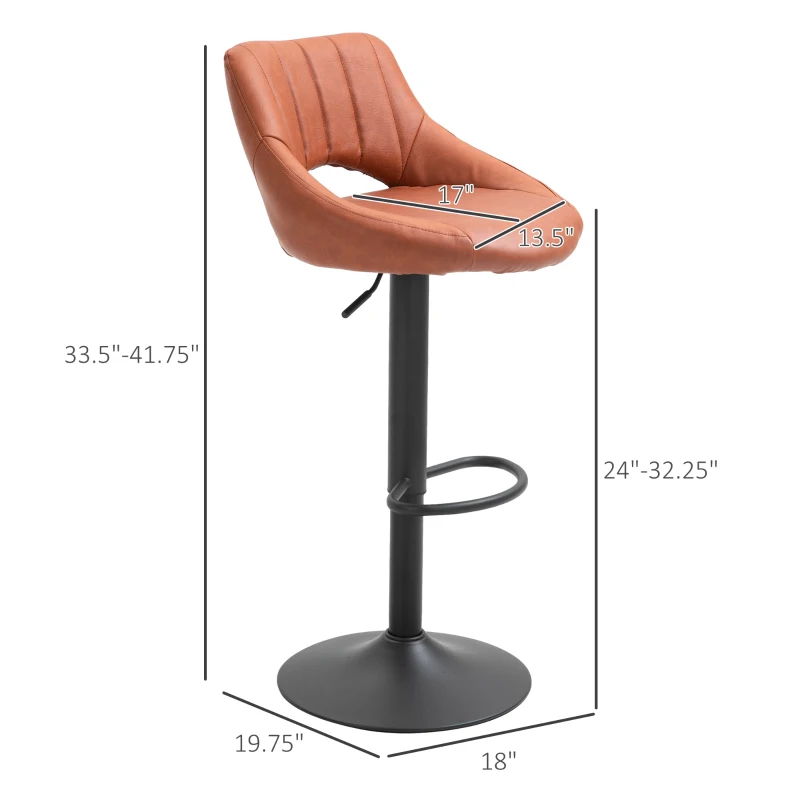 HOMCOM Bar Stools Set of 2 Swivel Bar Height Barstools Chairs with Adjustable Height, Round Heavy Metal Base & Footrest, Brown