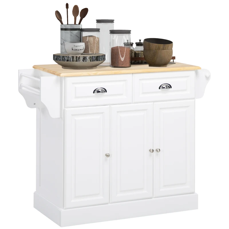 HOMCOM Kitchen Island With Storage Rolling Kitchen Serving Cart with Rubber Wood Top Towel Rack Storage Drawer Cabinet, White