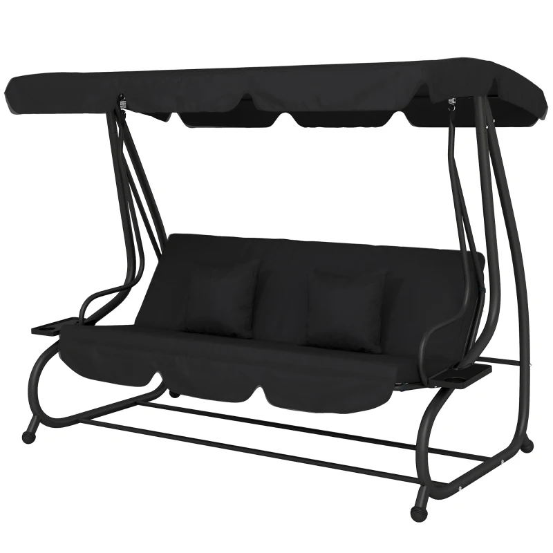 Outsunny 3-Seat Outdoor Patio Swing Chair, Converting Flatbed, Outdoor Swing Glider with Adjustable Canopy, Black
