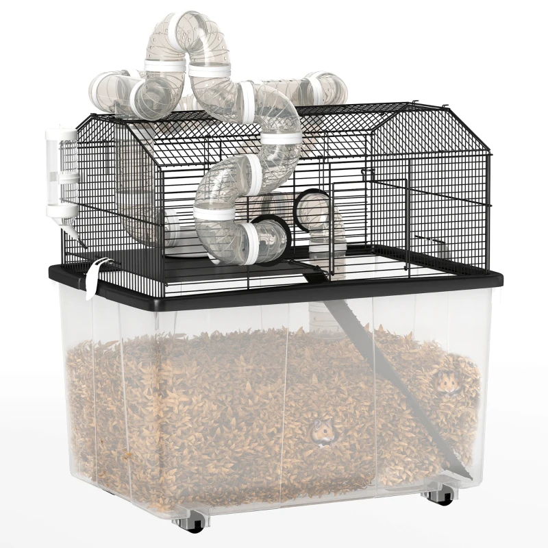 PawHut 2 Tier Hamster Cage with 12" Deep Tray, Tube System, Water Bottle, Ramp, Feeding Bowl, 23" x 17" x 22", Black
