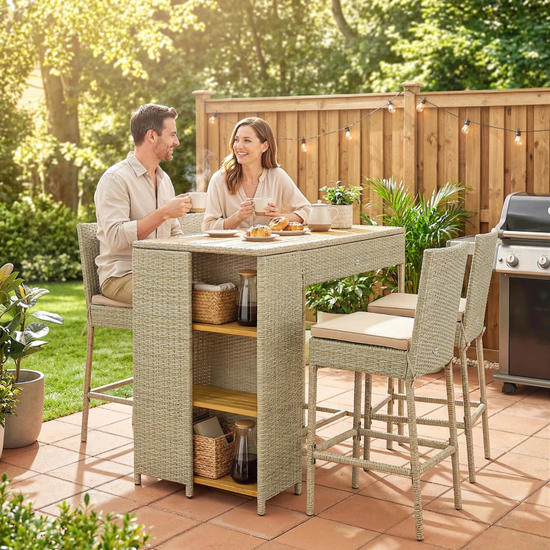 Outsunny 5 Piece Wicker Outdoor Bar Set, Acacia Wood Outdoor High Top Table and Chairs with 3 Tier Shelves, Cushions, Brown