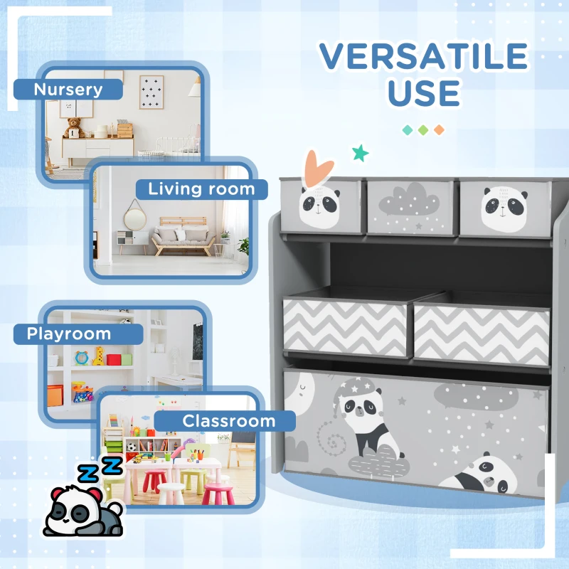 Qaba Toy Storage Organizer with 6 Storage Bins and 3-Tier Bookshelf, Toy Storage Shelf for Bedroom, Animal Design, Gray