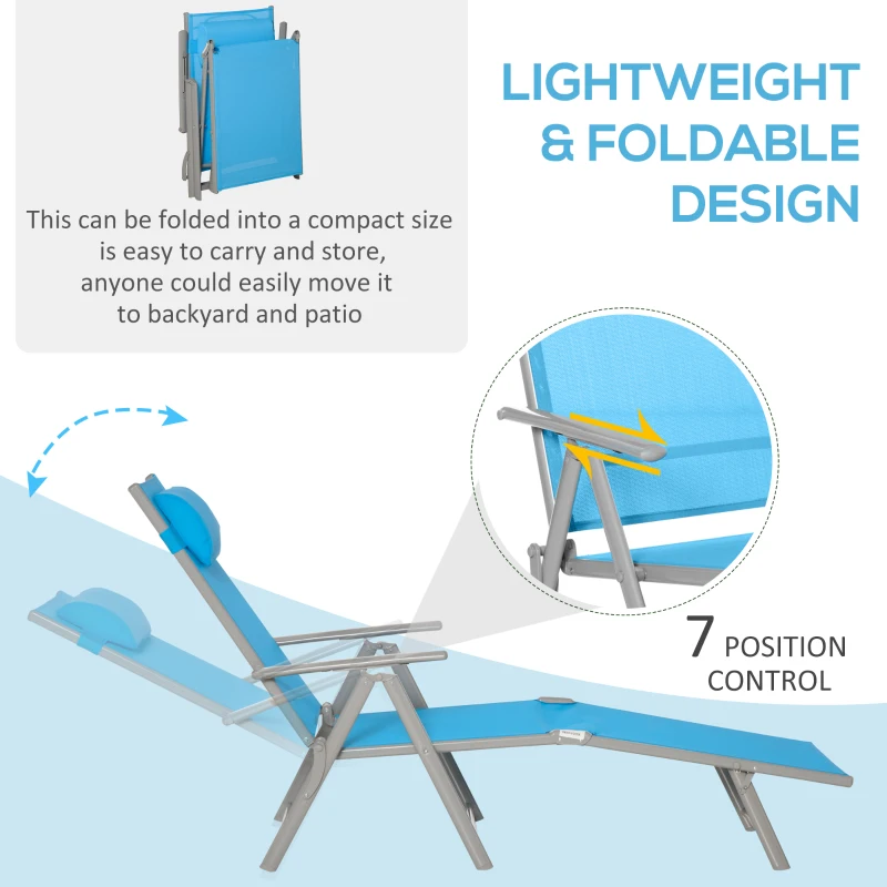 Outsunny Outdoor Folding Lounge Chair, 7-Position Adjustable Zero Gravity Lounge Chair with Pillow, Portable Reclining Tri-Fold Chaise for Beach, Swimming Pool, Light Blue