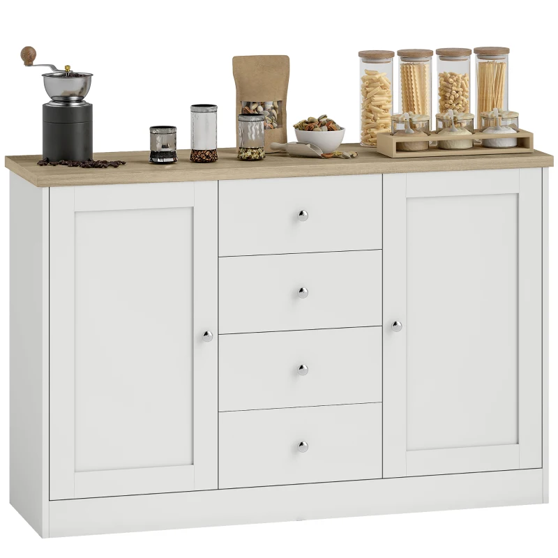 HOMCOM Country Style Sideboard Buffet Cabinet, Coffee Bar Cabinet with Adjustable Shelf, 2 Shaker Doors and 4 Drawers, White