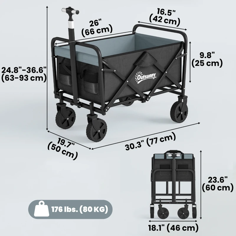 Outsunny Steel Frame Folding Garden Cart, Collapsible Wagon with Telescopic Handle and All-Terrain Wheels