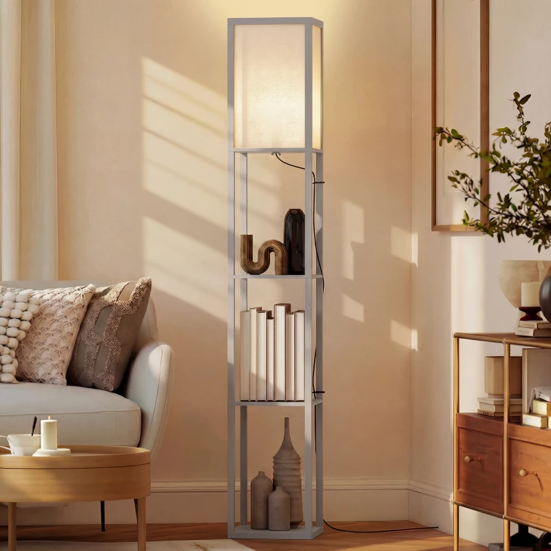 HOMCOM 3-Tier Floor Lamp, Standing Reading Light with Storage Shelves for Living Room, Bedroom, or Dining Room, Grey