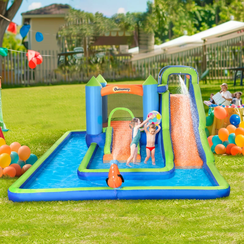 Outsunny Kids Inflatable Water Slide 5-in-1 Bounce House Water Park Jumping Castle with Water Pool, Slide, Climbing Walls, & Water Cannons, 450W Air Blower