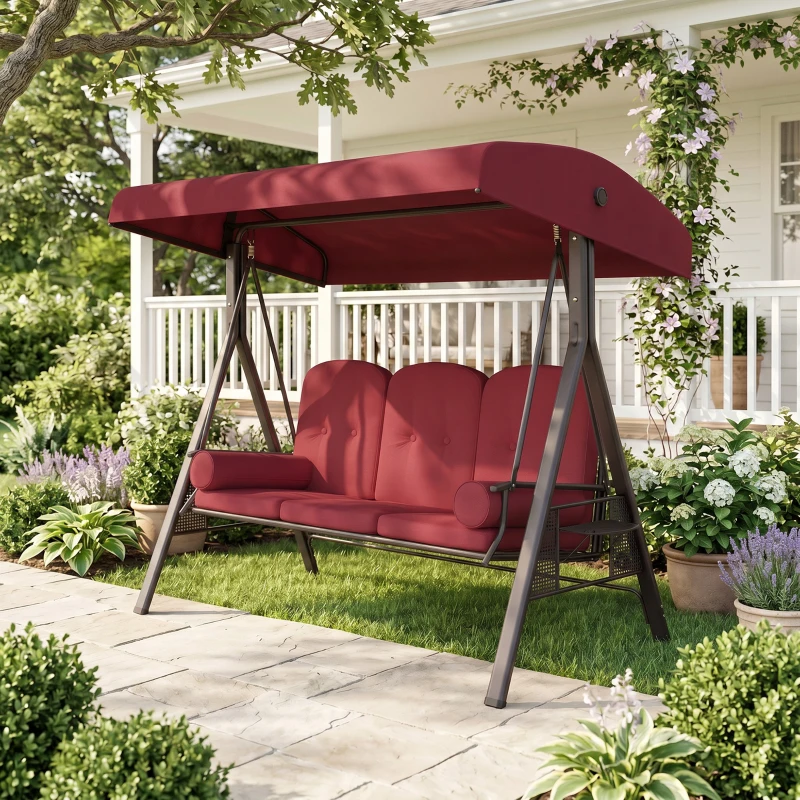 Outsunny Outdoor Patio 3-Person Steel Canopy Cushioned Seat Bench Swing with Included Side Trays & Padded Comfort, Wine Red