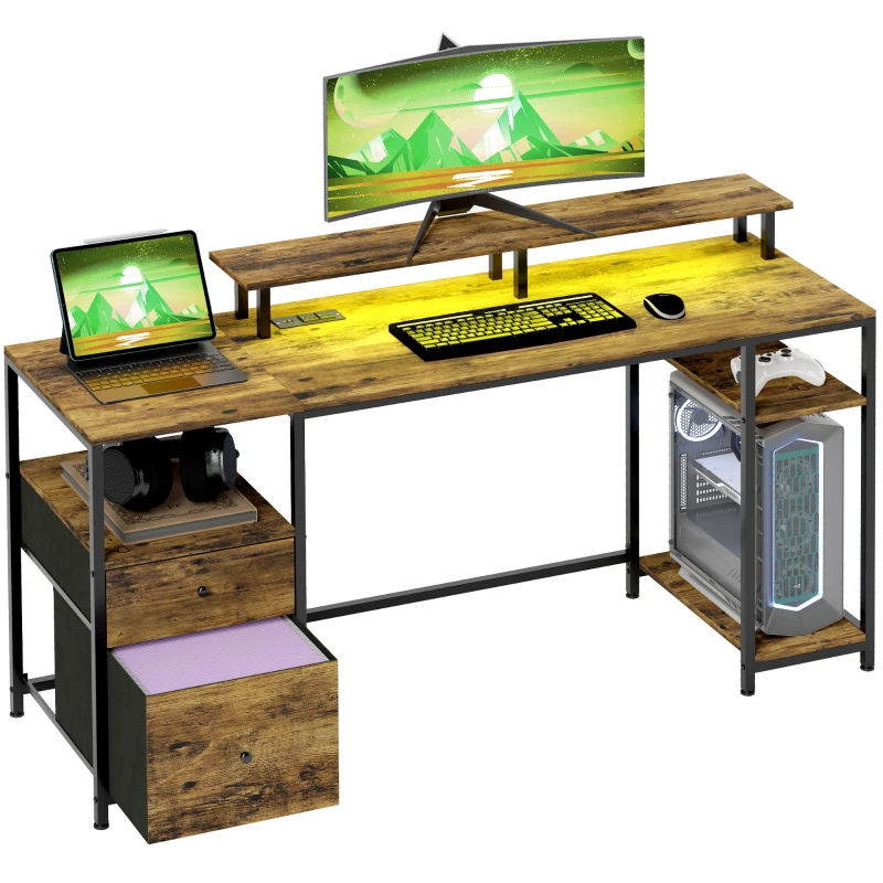 HOMCOM 61" Computer Table with LED Lights, PC Desk with Power Outlets, USB Ports, Storage, Wireless Remote, Rustic Brown