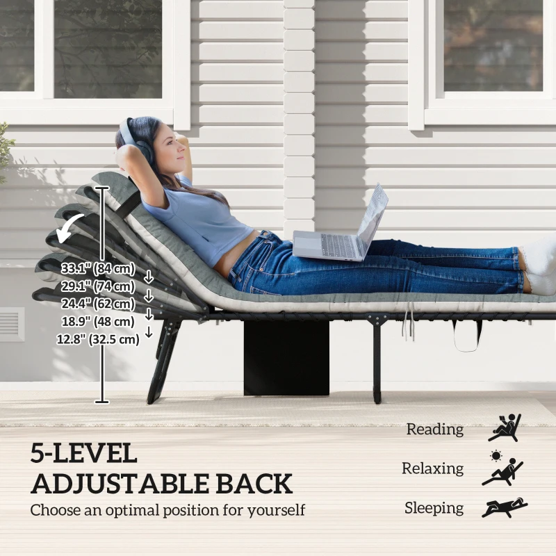 Outsunny Outdoor Lounge Chair Set of 2, Folding Chaise Lounge Tanning Chair with Cushion, Side Pocket, Black/Grey