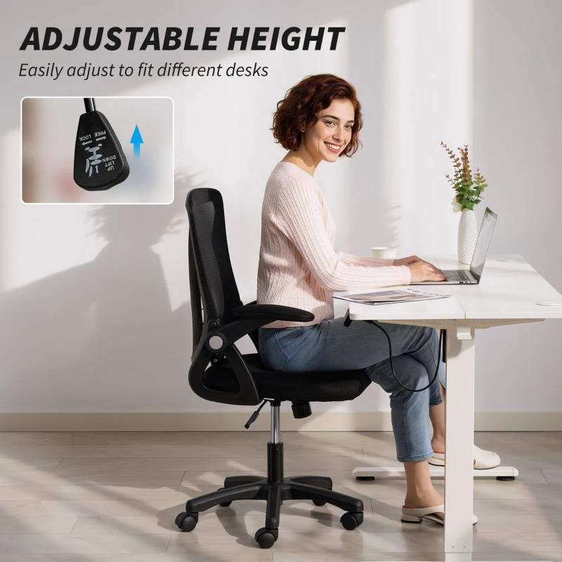 HOMCOM Office Chair, Mesh Desk Chair with Flip-up Armrests, Lumbar Support, Adjustable Height, Black