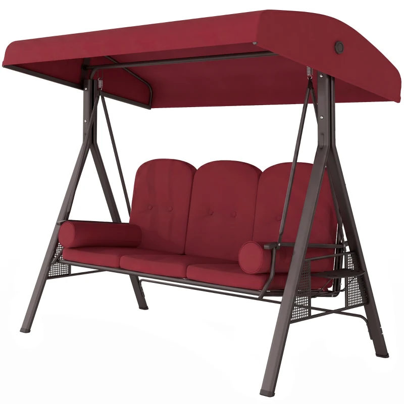 Outsunny Outdoor Patio 3-Person Steel Canopy Cushioned Seat Bench Swing with Included Side Trays & Padded Comfort, Wine Red
