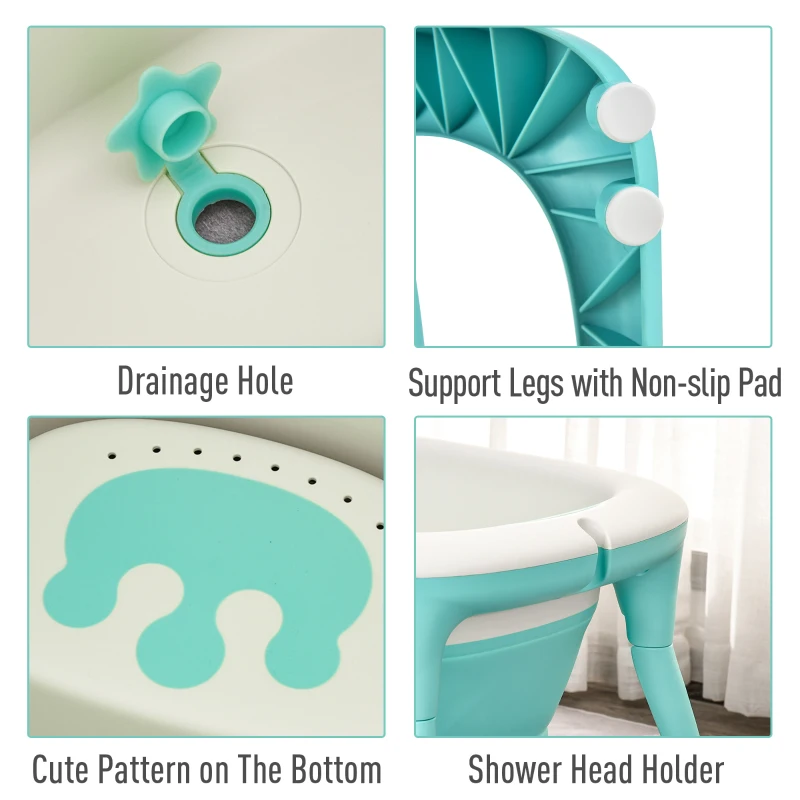 Qaba 4-IN-1 Folding Baby Bathtub 4pcs Esthetic Basin with Sucker Seat Non-Slip Support Safer Portable, Green