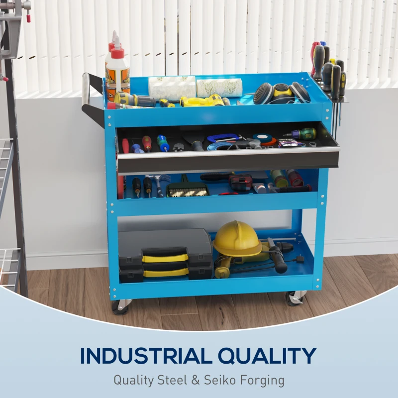 HOMCOM Tool Cart on Wheels, Utility Cart with Wheels, Ball Bearing Drawer, Storage Trays for Garage, Warehouse, Workshop, Blue