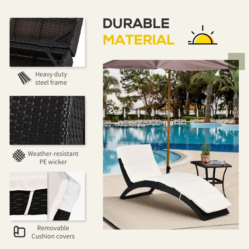 Outsunny Patio Foldable Wicker Chaise Lounge, PE Rattan Outdoor Lounge Chair, Bed with Cushion for Garden, Backyard, Lawn, Beige