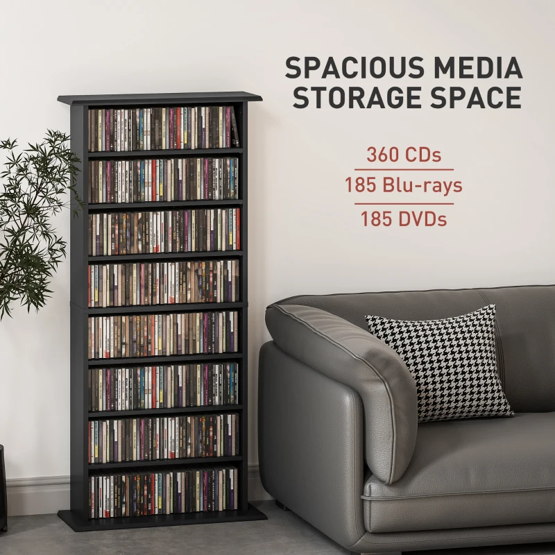 HOMCOM 8-Tier DVD Shelf with 6 Adjustable Shelves, Slim CD Shelf, Holds 360 CDs, 185 DVDs or 185 Blu-rays, Black